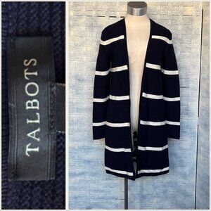Talbots XS Navy White Stripe Long Cardigan Sweater Open Front
